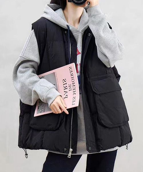 c.u.l（シーユーエル）の「ユニセックス ビックポケット中綿ダウンベスト culw515（ダウンベスト・レディース・ベージュ/アイボリー/ブラック・M/L/XL）」の5枚目の写真