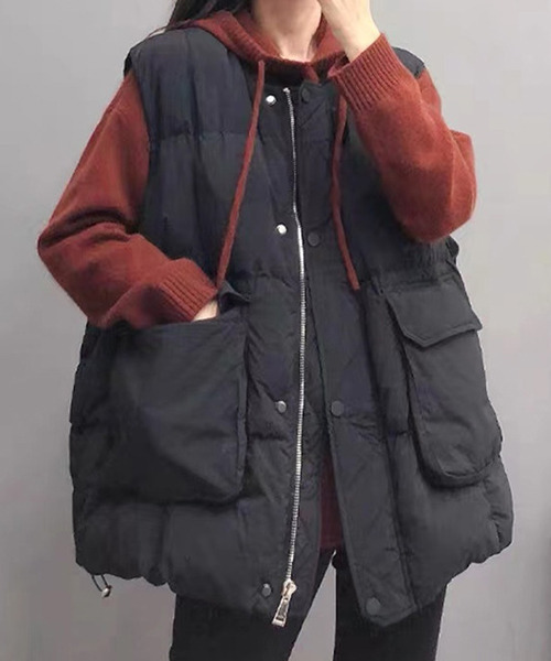 c.u.l（シーユーエル）の「ユニセックス ビックポケット中綿ダウンベスト culw515（ダウンベスト・レディース・ベージュ/アイボリー/ブラック・M/L/XL）」の7枚目の写真