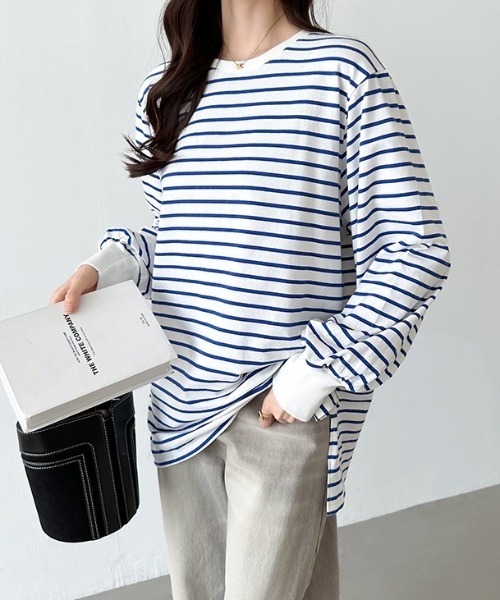 COCOMOMO(ココモモ)の「ボーダーカットソー オーバーサイズ スリット入り ボリューム袖 長袖トップス(Tシャツ/カットソー・レディース・ブラック/ブルー/レッド/グリーン・S/M/L)」の3枚目の写真