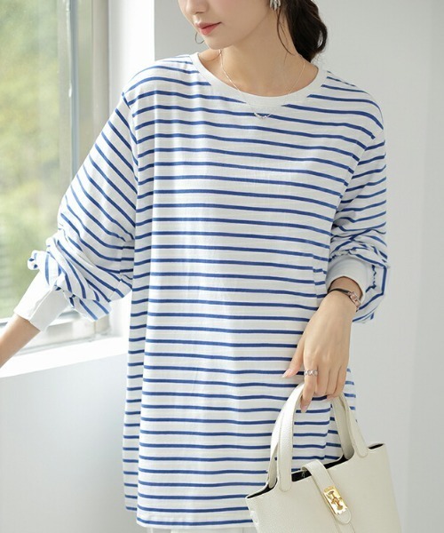 COCOMOMO(ココモモ)の「ボーダーカットソー オーバーサイズ スリット入り ボリューム袖 長袖トップス(Tシャツ/カットソー・レディース・ブラック/ブルー/レッド/グリーン・S/M/L)」の17枚目の写真