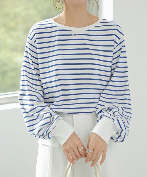 COCOMOMO(ココモモ)の「ボーダーカットソー オーバーサイズ スリット入り ボリューム袖 長袖トップス(Tシャツ/カットソー・レディース・ブラック/ブルー/レッド/グリーン・S/M/L)」の18枚目の写真