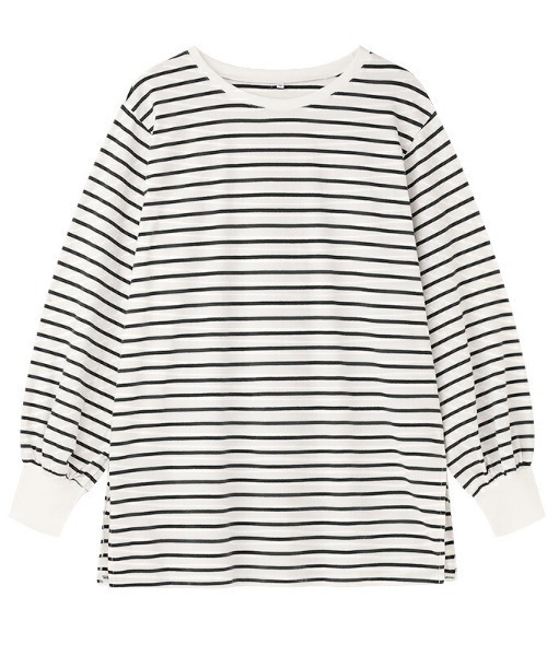 COCOMOMO(ココモモ)の「ボーダーカットソー オーバーサイズ スリット入り ボリューム袖 長袖トップス(Tシャツ/カットソー・レディース・ブラック/ブルー/レッド/グリーン・S/M/L)」の5枚目の写真