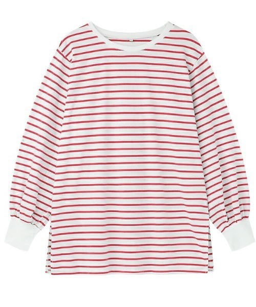 COCOMOMO(ココモモ)の「ボーダーカットソー オーバーサイズ スリット入り ボリューム袖 長袖トップス(Tシャツ/カットソー・レディース・ブラック/ブルー/レッド/グリーン・S/M/L)」の8枚目の写真