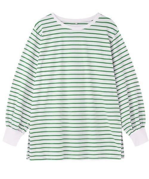 COCOMOMO(ココモモ)の「ボーダーカットソー オーバーサイズ スリット入り ボリューム袖 長袖トップス(Tシャツ/カットソー・レディース・ブラック/ブルー/レッド/グリーン・S/M/L)」の6枚目の写真