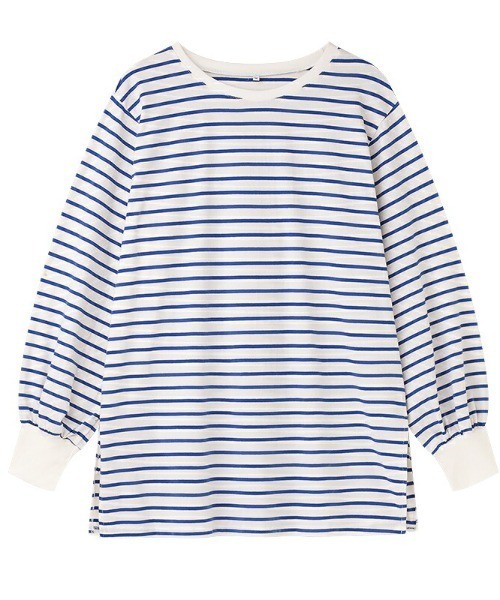 COCOMOMO(ココモモ)の「ボーダーカットソー オーバーサイズ スリット入り ボリューム袖 長袖トップス(Tシャツ/カットソー・レディース・ブラック/ブルー/レッド/グリーン・S/M/L)」の7枚目の写真