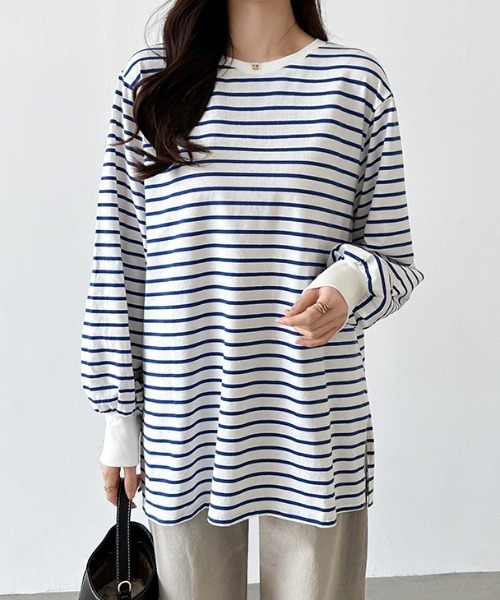 COCOMOMO(ココモモ)の「ボーダーカットソー オーバーサイズ スリット入り ボリューム袖 長袖トップス(Tシャツ/カットソー・レディース・ブラック/ブルー/レッド/グリーン・S/M/L)」の22枚目の写真