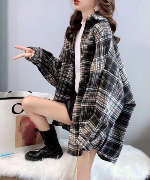 Miniministore(ミニミニストア)の「チェック柄シャツ 起毛シャツブラウス韓国(シャツ/ブラウス・レディース・ブラック/ピンク/オレンジ・M/L)」の4枚目の写真