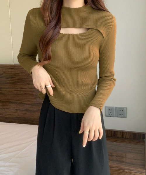 Miniministore(ミニミニストア)の「リブ ニットトップス プチハイネック秋冬(ニット/セーター・レディース・オリーブ/ライトブラウン/ブラック/オフホワイト/ピンク/ベージュ・フリー)」の1枚目の写真
