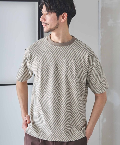 UNION STATION(ユニオンステーション)の「配色ジオメトリックリンク柄スジャガードTシャツ(Tシャツ/カットソー・メンズ・ベージュ/ブラック・L/LL/M)」の2枚目の写真