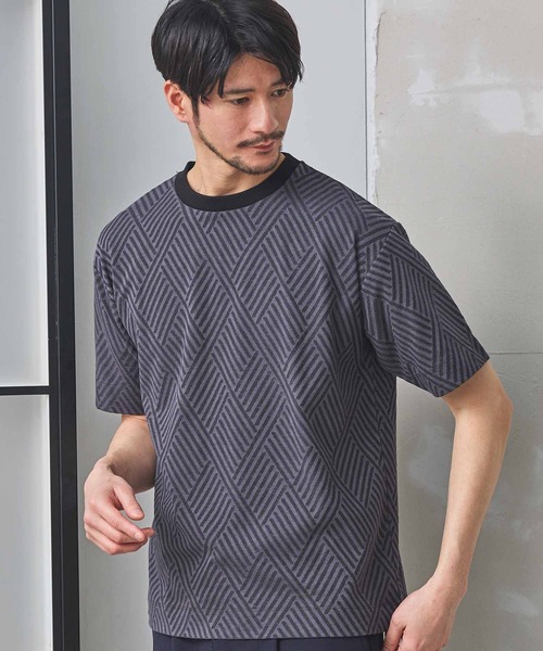 UNION STATION(ユニオンステーション)の「配色ジオメトリックリンク柄スジャガードTシャツ(Tシャツ/カットソー・メンズ・ベージュ/ブラック・L/LL/M)」の4枚目の写真