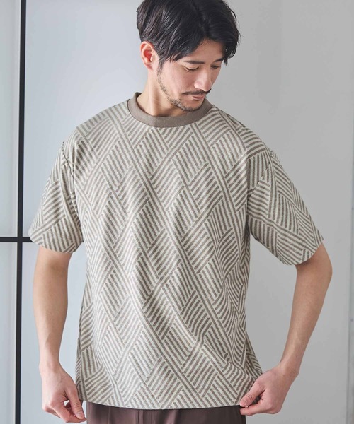 UNION STATION(ユニオンステーション)の「配色ジオメトリックリンク柄スジャガードTシャツ(Tシャツ/カットソー・メンズ・ベージュ/ブラック・L/LL/M)」の11枚目の写真