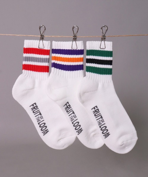 FRUIT OF THE LOOM(フルーツオブザルーム)の「(GA)【FRUIT OF THE LOOM】【3足セット】ライン ボーダー クォーターソックス(ソックス/靴下・メンズ・ホワイト系・23-25cm/25-27CM)」の1枚目の写真