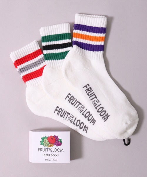 FRUIT OF THE LOOM(フルーツオブザルーム)の「(GA)【FRUIT OF THE LOOM】【3足セット】ライン ボーダー クォーターソックス(ソックス/靴下・メンズ・ホワイト系・23-25cm/25-27CM)」の2枚目の写真