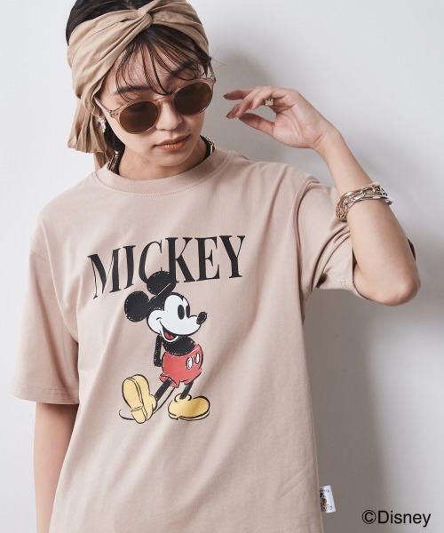 ディズニー ミッキーマウス/綿100％手書き風プリントTシャツ