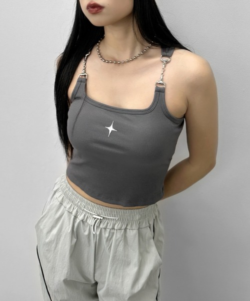 LVEU.(ラブユ.)の「【LVEU.】スターモチーフタンクトップ / トップス カットソー タンクトップ パット カップ チェーン クロップド ショート ワンポイント 星 スター コンパクト ブラック アイボリー グレー(タンクトップ・レディース・ホワイト/ブラック/グレー・FREE)」の22枚目の写真