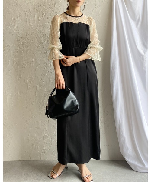 ステラシフォン 袖 切り替え ロング ワンピース 異素材 ブラック S ステラシフォン 袖 切り替え ロング ワンピース 異素材 ブラック