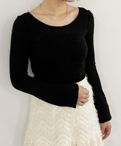 ニット セーター バックオープンシアーニット／back open summer knit 長袖 ロング丈 シアーニット ローゲージ メランジ 背中空き バックオープンシアーニット／back open summer knit 長袖