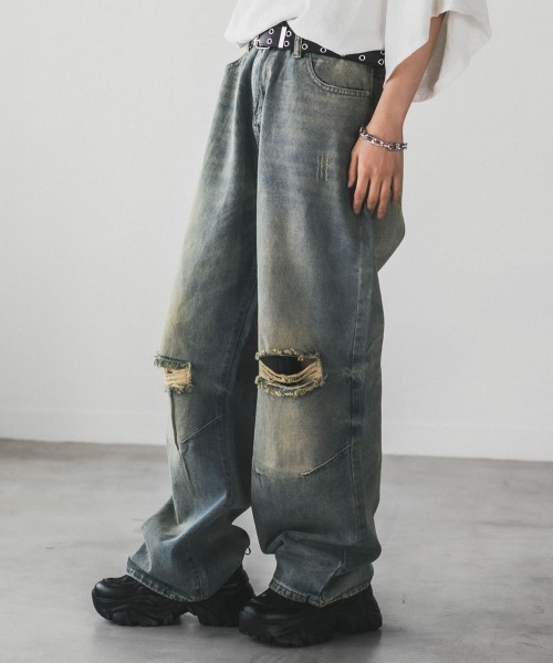【セール】ヴィンテージメイククラッシュワイドデニムパンツ（デニムパンツ）｜Shoowtime（ショウタイム）