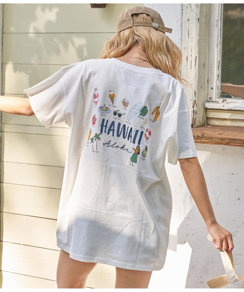 anap mimpi(アナップミンピ)の「ALOHA プリント×刺繍 コットン 半袖 ビッグ Tシャツ(Tシャツ/カットソー・レディース・ホワイト/ダークグレー/ラベンダー・FREE)」の1枚目の写真