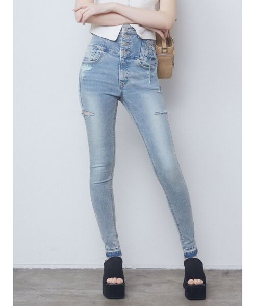 EMODA(エモダ)の「アシンメトリーレースアップハイウエストパギンス(デニムパンツ・レディース・ライトブルー/ブラック・SMALL/MEDIUM/X-SMALL)」の14枚目の写真