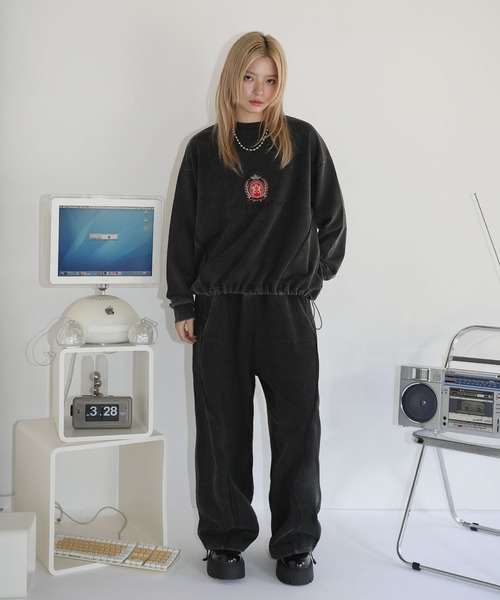 KMRii / レザーパイピングクロップドスウェットパンツ SET-UP着用可能】ドローコードパイピングオーバーサイズ 裏毛