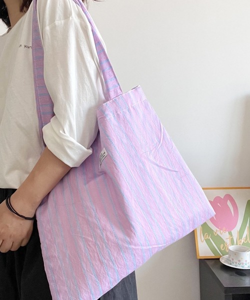 Mignonjour(ミニョンジュール)の「Mignonjour/ストライプトートバッグ M2434(トートバッグ・レディース・ブルー/イエロー/パープル・FREE)」の3枚目の写真