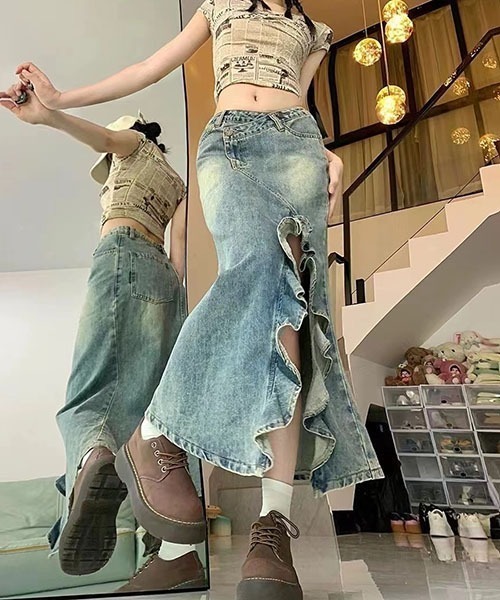 gossip!ロサンゼルス(ゴシップロサンゼルス)の「ヴィンテージウォッシュ デニムロングスカート サイドフリルスリット ハイウエスト マーメイドスカート Y2K レディース(デニムスカート・レディース・ブルー・S/M/L)」の4枚目の写真