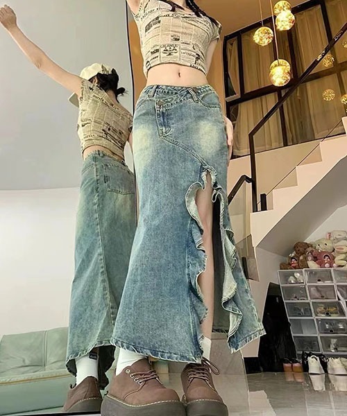 gossip!ロサンゼルス(ゴシップロサンゼルス)の「ヴィンテージウォッシュ デニムロングスカート サイドフリルスリット ハイウエスト マーメイドスカート Y2K レディース(デニムスカート・レディース・ブルー・S/M/L)」の3枚目の写真