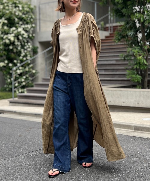 アンディコール　タックロングワンピース　大人可愛い　Vネック　グリーン　Fサイズ アンディコール タックロングワンピース 大人可愛い Vネック