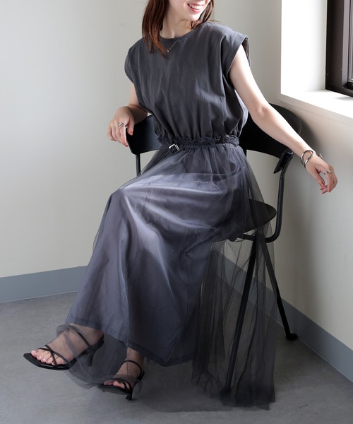 MAISON BREEZE（メゾンブリーズ）の「【MAISON BREEZE】天竺×チュールドッキングOP 224-567-2773 DTK（ワンピース・レディース・ホワイト/チャコールグレー/ブラック・FREE）」の3枚目の写真