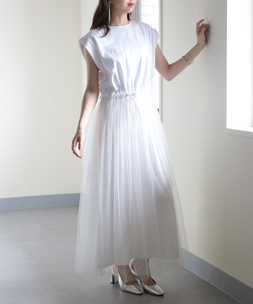 MAISON BREEZE（メゾンブリーズ）の「【MAISON BREEZE】天竺×チュールドッキングOP 224-567-2773 DTK（ワンピース・レディース・ホワイト/チャコールグレー/ブラック・FREE）」の4枚目の写真