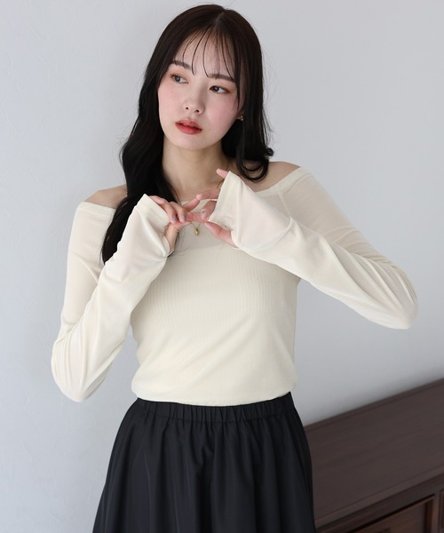 BLUEEAST(ブルーイースト)の「ベロアオフショルTシャツ(Tシャツ/カットソー・レディース・アイボリー/ブラック/ネイビー/モカ/ブラウン・MEDIUM)」の6枚目の写真