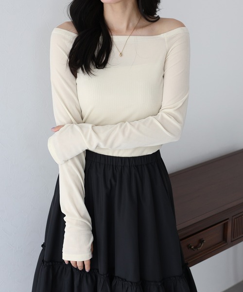 BLUEEAST(ブルーイースト)の「ベロアオフショルTシャツ(Tシャツ/カットソー・レディース・アイボリー/ブラック/ネイビー/モカ/ブラウン・MEDIUM)」の7枚目の写真