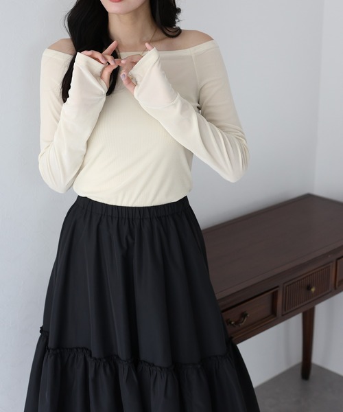 BLUEEAST(ブルーイースト)の「ベロアオフショルTシャツ(Tシャツ/カットソー・レディース・アイボリー/ブラック/ネイビー/モカ/ブラウン・MEDIUM)」の8枚目の写真