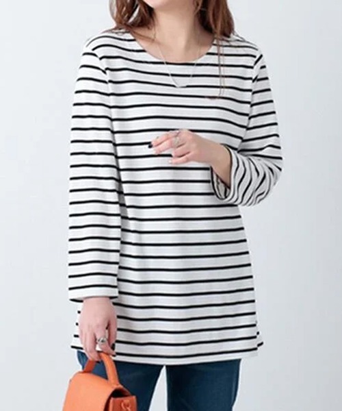 BELLUNA PLUS(ベルーナ)の「柔らかポンチ素材ボーダープルオーバー(Tシャツ/カットソー・レディース・モカ/イエロー系/ホワイト×ブラック/ネイビー系/ホワイト×ブルー/ホワイト×ネイビー・MEDIUM/LARGE/X-LARGE)」の3枚目の写真
