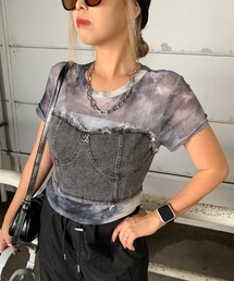 見せかけデニムビスチェ切替クロップド丈シアー半袖Tシャツ