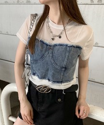 見せかけデニムビスチェ切替クロップド丈シアー半袖Tシャツ