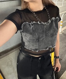 見せかけデニムビスチェ切替クロップド丈シアー半袖Tシャツ