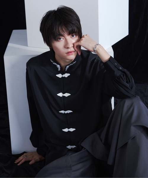 チャイナ　ジップ　柄シャツ REFLEM【レフレム】ショルダーZIP総柄チャイナシャツ/全2色