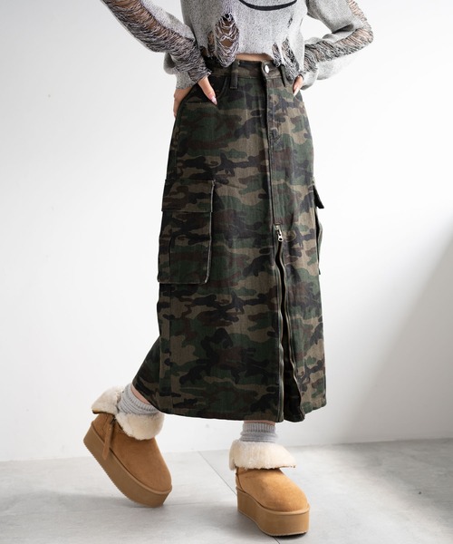 dispark（ディスパーク）の「DISPARK/カモフラジップカーゴスカート（スカート・レディース・カーキ・FREE）」の3枚目の写真