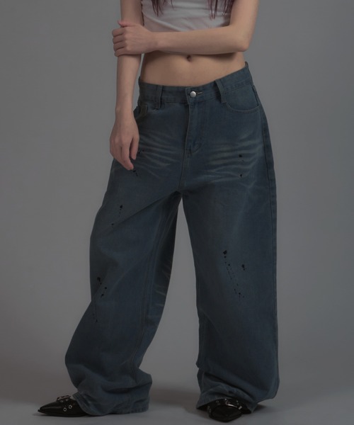 tinkerend(ティンカーエンド)の「【ユニセックス】Vintage Paint Denim Pants / ヴィンテージペイントデニムパンツ バギースタイル(デニムパンツ・レディース・ブルー・S/M/L)」の1枚目の写真