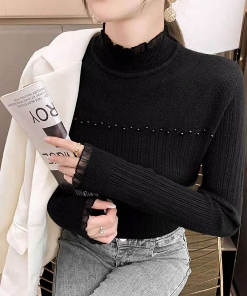 Miniministore（ミニミニストア）の「ハイネックニットトップスフリルニットソー（ニット/セーター・レディース・ブラック/オフホワイト/ベージュ・FREE）」の3枚目の写真