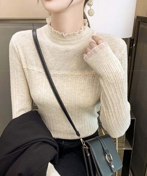 Miniministore（ミニミニストア）の「ハイネックニットトップスフリルニットソー（ニット/セーター・レディース・ブラック/オフホワイト/ベージュ・FREE）」の5枚目の写真