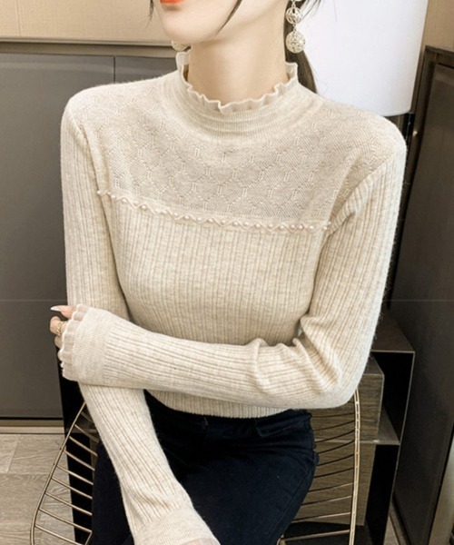 Miniministore（ミニミニストア）の「ハイネックニットトップスフリルニットソー（ニット/セーター・レディース・ブラック/オフホワイト/ベージュ・FREE）」の6枚目の写真