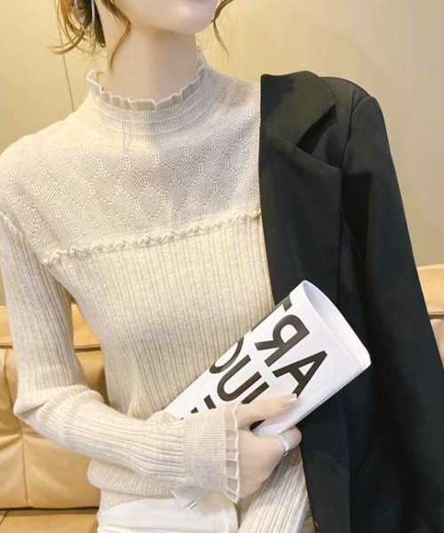 Miniministore（ミニミニストア）の「ハイネックニットトップスフリルニットソー（ニット/セーター・レディース・ブラック/オフホワイト/ベージュ・FREE）」の7枚目の写真