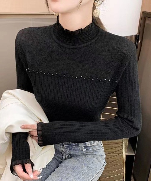 Miniministore（ミニミニストア）の「ハイネックニットトップスフリルニットソー（ニット/セーター・レディース・ブラック/オフホワイト/ベージュ・FREE）」の8枚目の写真