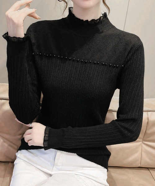 Miniministore（ミニミニストア）の「ハイネックニットトップスフリルニットソー（ニット/セーター・レディース・ブラック/オフホワイト/ベージュ・FREE）」の9枚目の写真