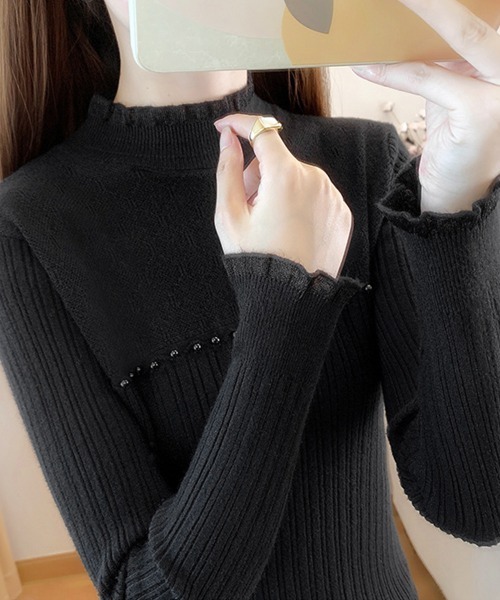 Miniministore（ミニミニストア）の「ハイネックニットトップスフリルニットソー（ニット/セーター・レディース・ブラック/オフホワイト/ベージュ・FREE）」の10枚目の写真