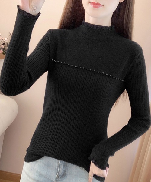 Miniministore（ミニミニストア）の「ハイネックニットトップスフリルニットソー（ニット/セーター・レディース・ブラック/オフホワイト/ベージュ・FREE）」の12枚目の写真