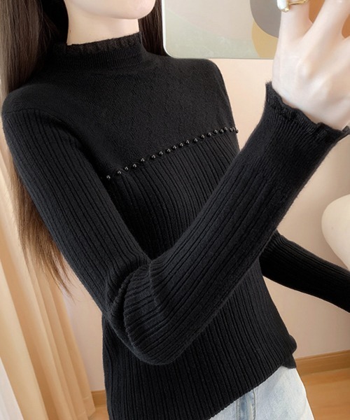 Miniministore（ミニミニストア）の「ハイネックニットトップスフリルニットソー（ニット/セーター・レディース・ブラック/オフホワイト/ベージュ・FREE）」の13枚目の写真